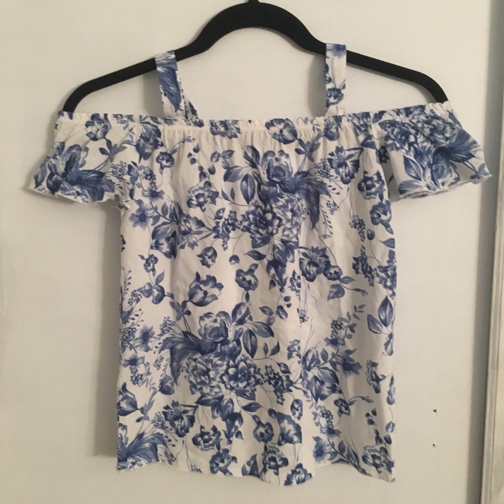 blue and white floral off the shoulder top
